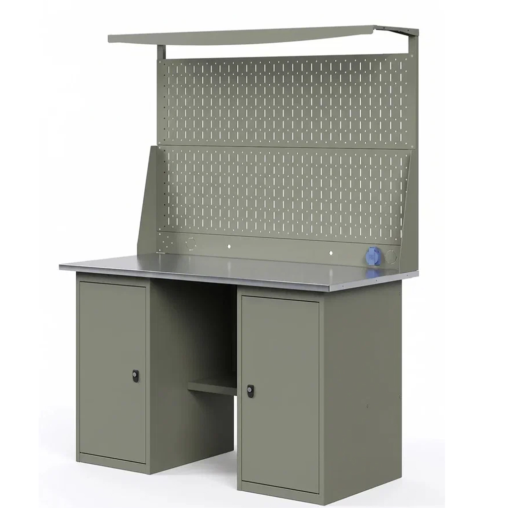 GREENBERG OLIVE Верстак с перфопанелью двойной с двумя тумбами 1400мм VERSTAK_OLIVE_Т2_Р2_1400