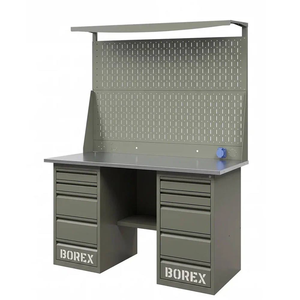 GREENBERG OLIVE Верстак с перфопанелью двойной с двумя ящиками 1400мм VERSTAK_OLIVE_Y2_Р2_1400