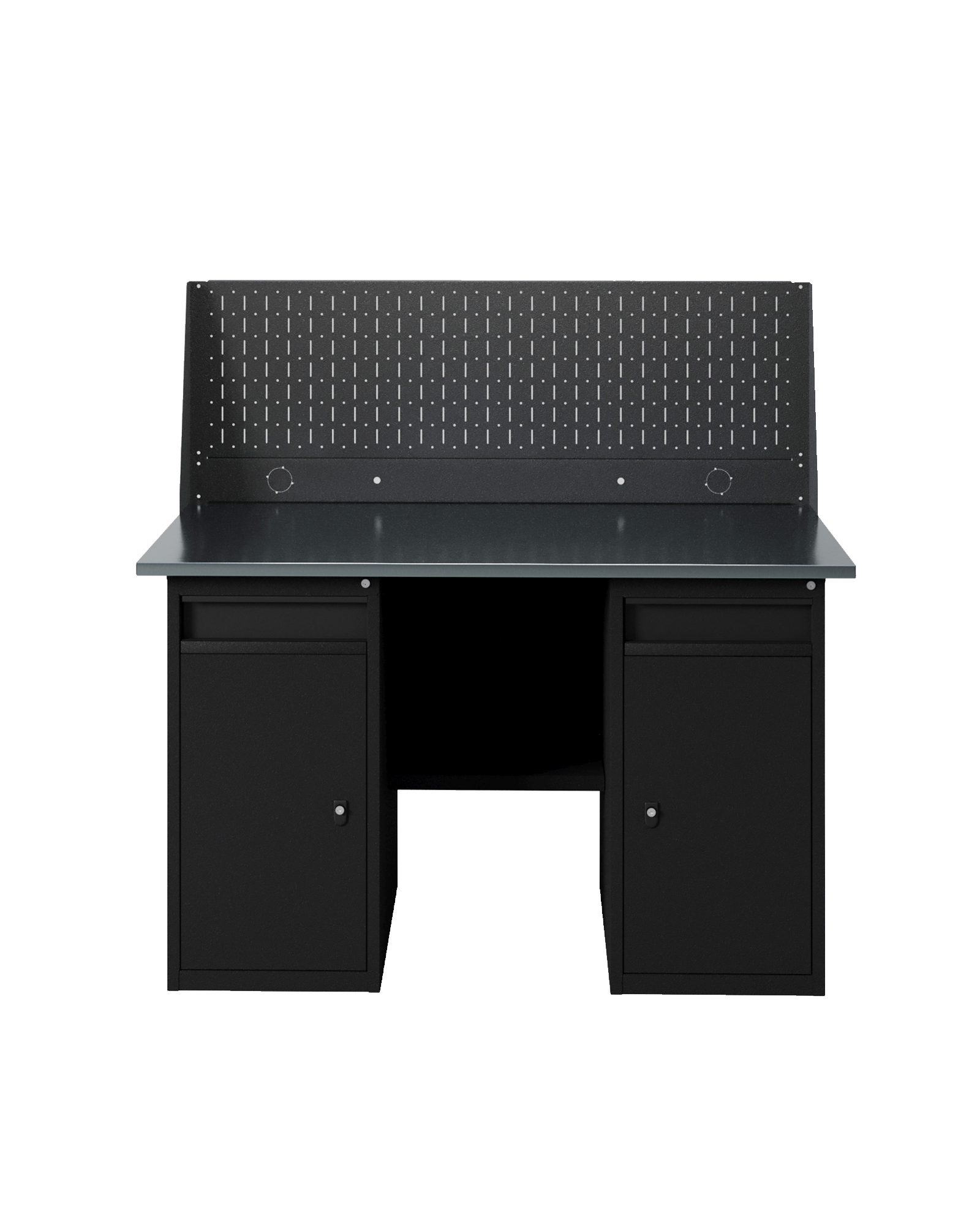 GREENBERG BLACK Верстак-стол с перфопанелью одинарной с двумя тумбами/ящик 1400мм VERSTAK_BLACK_W2_Р1_1400