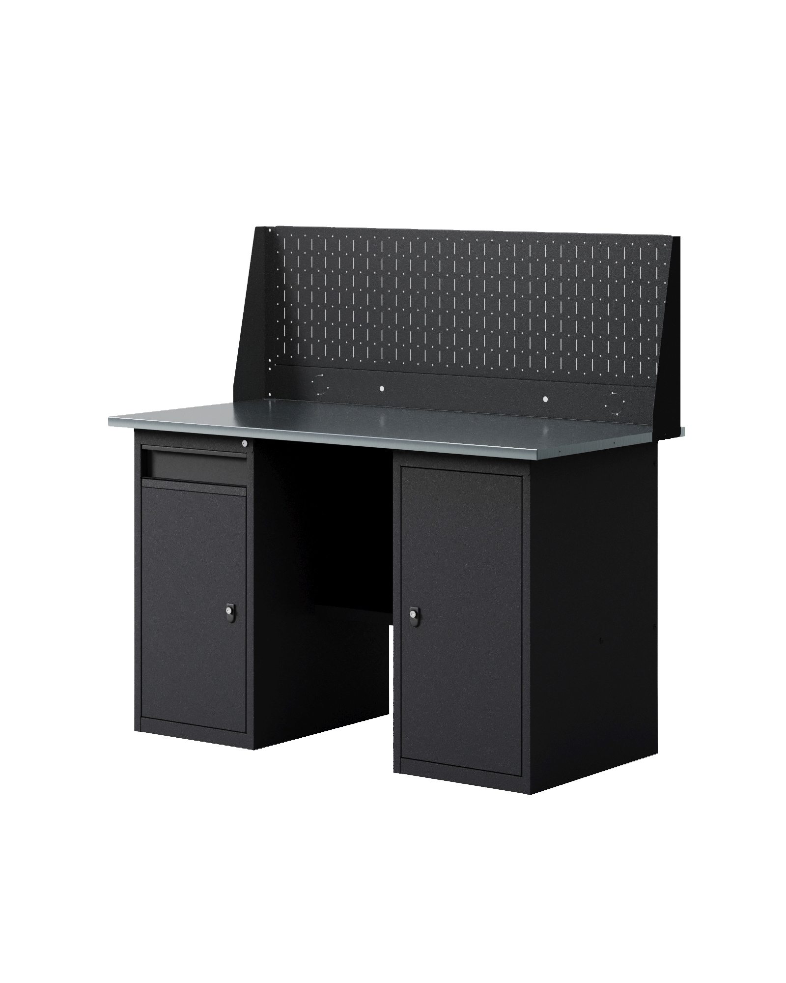 GREENBERG BLACK Верстак-стол с перфопанелью одинарной с тумбой с дверцей и тумбой/ящик 1400мм VERSTAK_BLACK_WT_Р1_1400