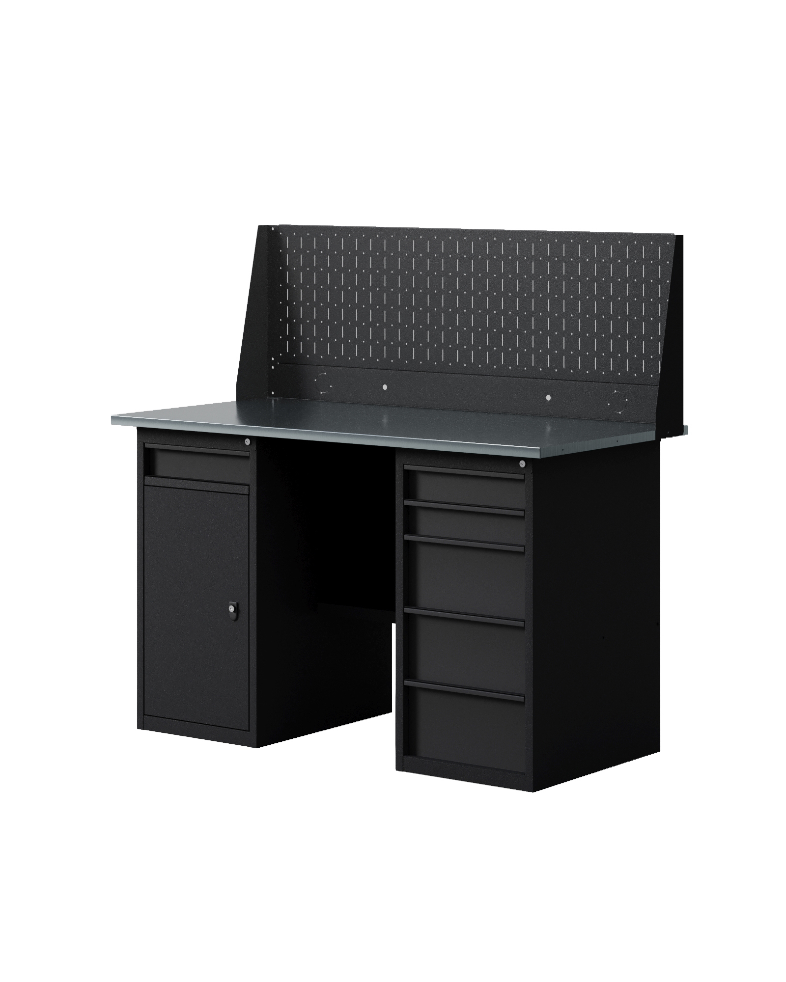 GREENBERG BLACK Верстак-стол с перфопанелью одинарной с тумбой с ящиками и тумбой/ящик 1400мм VERSTAK_BLACK_WY_Р1_1400