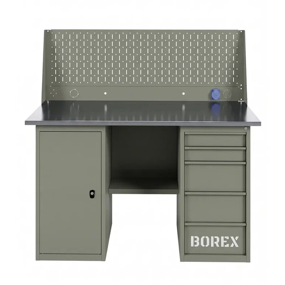 GREENBERG OLIVE Верстак с перфопанелью одинарной с тумбой и ящиками 1400мм VERSTAK_OLIVE_ТY_Р1_1400