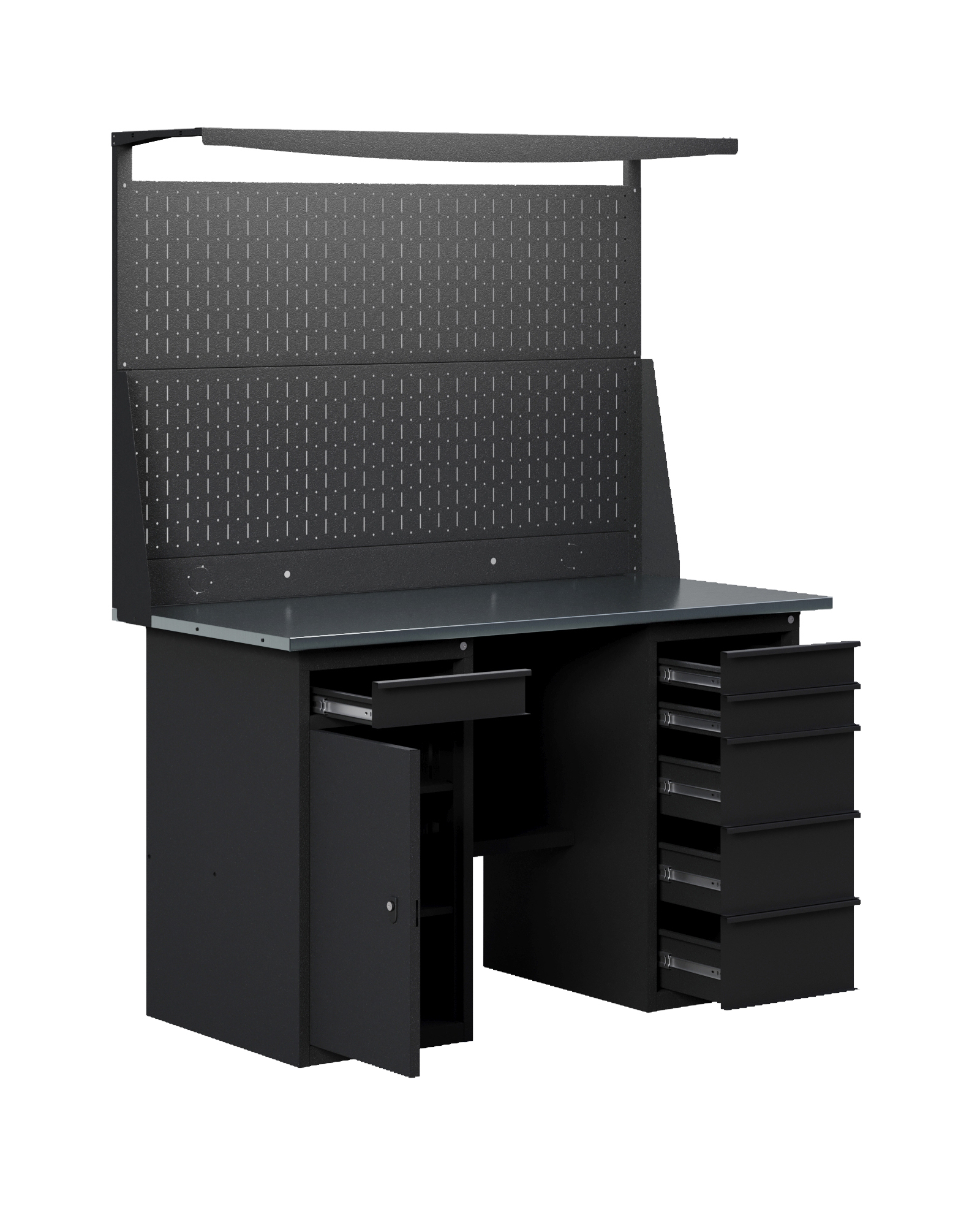 GREENBERG BLACK Верстак-стол с перфопанелью двойной  с тумбой с ящиками и тумбой/ящик 1400мм VERSTAK_BLACK_WY_Р2_1400