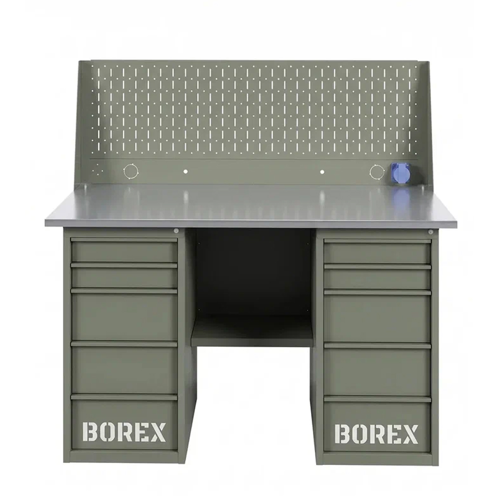 GREENBERG OLIVE Верстак с перфопанелью одинарной с двумя ящиками 1400мм VERSTAK_OLIVE_Y2_Р1_1400