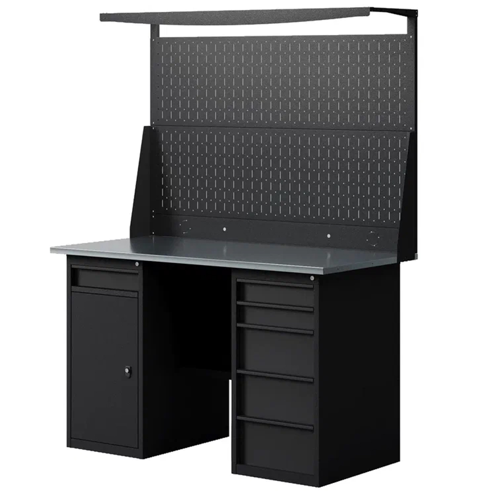 GREENBERG BLACK Верстак-стол с перфопанелью двойной  с тумбой с ящиками и тумбой/ящик 1400мм VERSTAK_BLACK_WY_Р2_1400