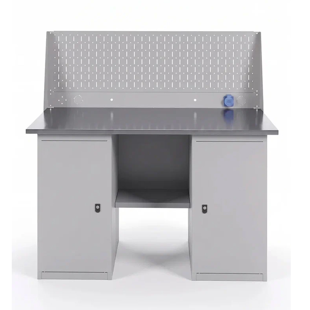 GREENBERG SILVER Верстак с перфопанелью одинарной с двумя тумбами 1400мм VERSTAK_SILVER_Т2_Р1_1400