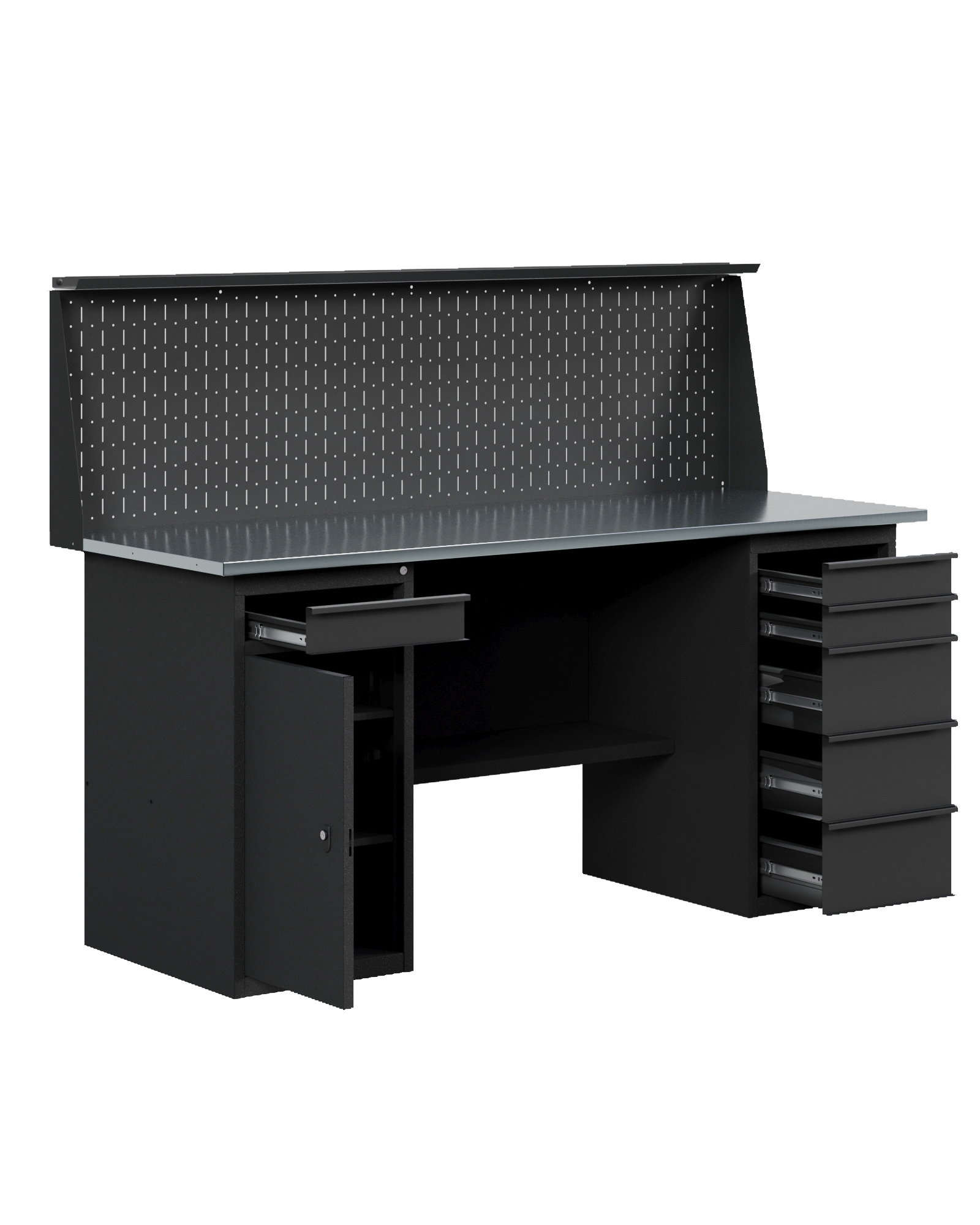 GREENBERG BLACK Верстак-стол с тумбой с ящиками и тумбой/ящик с перфопанелью 1600мм VERSTAK_BLACK_WY_P_1600