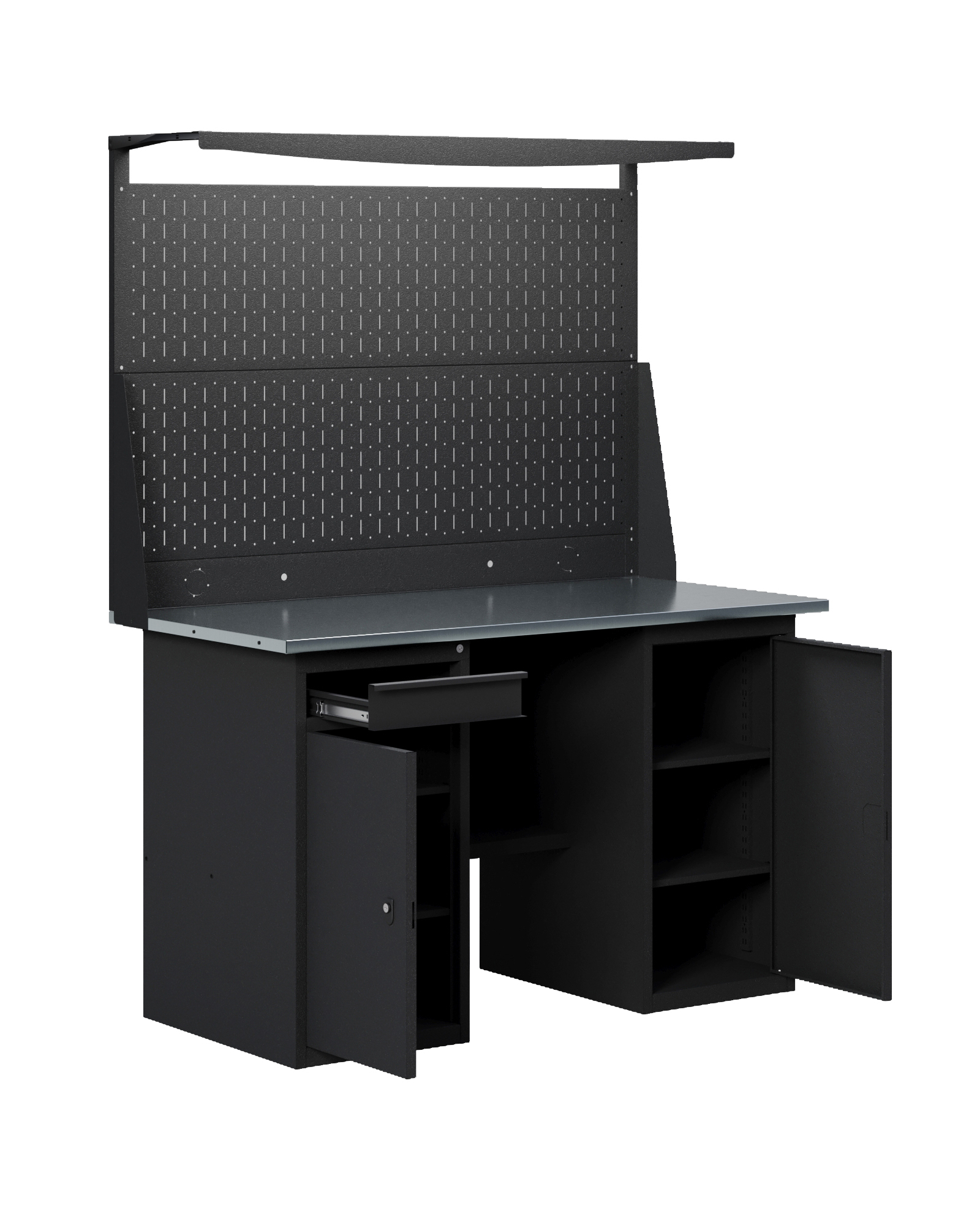 GREENBERG BLACK Верстак-стол с перфопанелью двойной  с тумбой с дверцей и тумбой/ящик 1400мм VERSTAK_BLACK_WT_Р2_1400