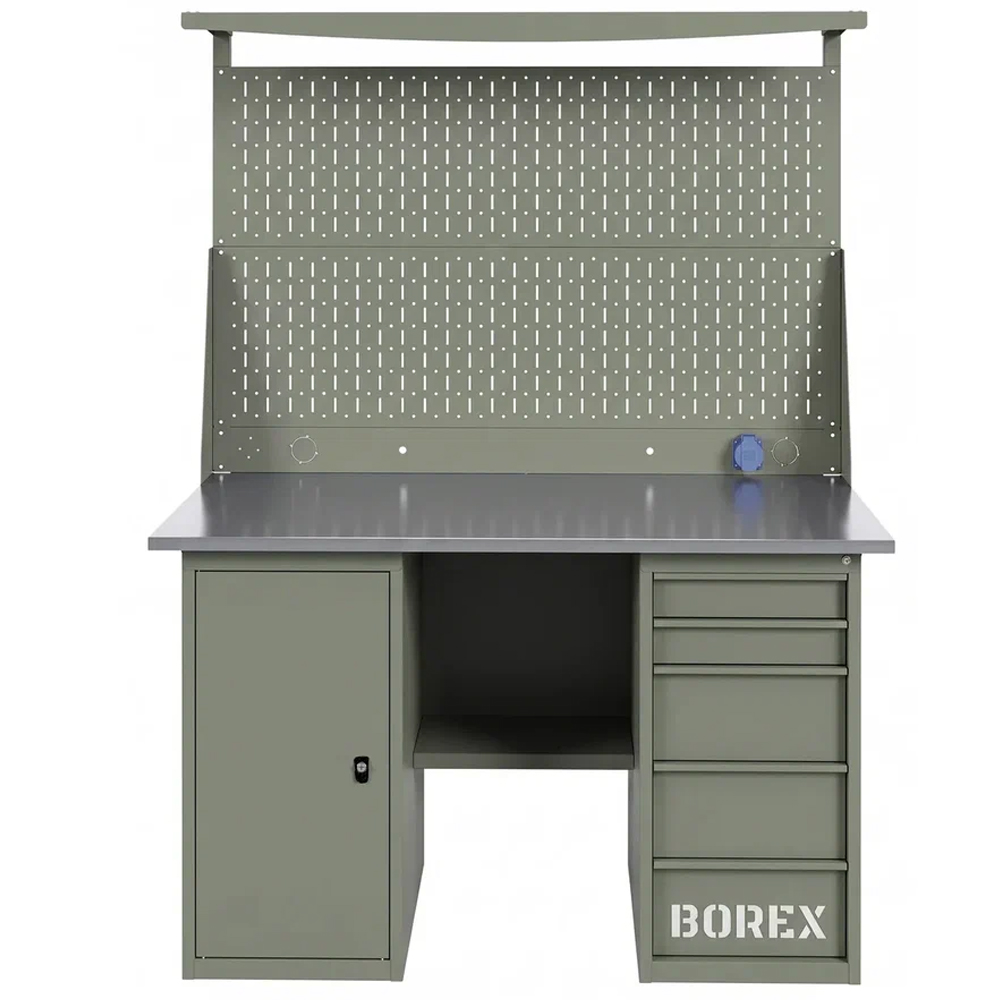 GREENBERG OLIVE Верстак с перфопанелью двойной с тумбой и ящиками 1400мм VERSTAK_OLIVE_ТY_Р2_1400