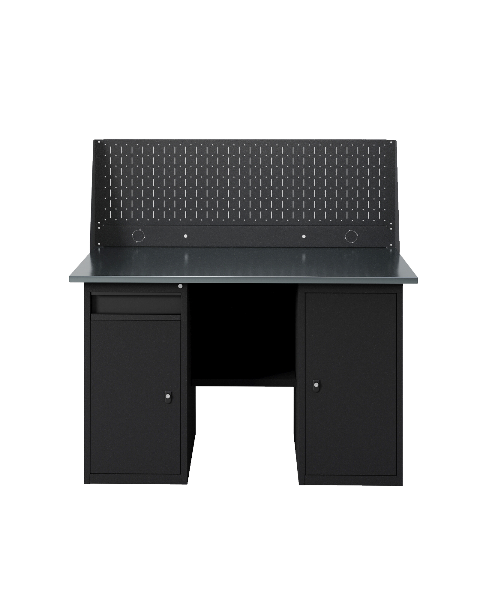 GREENBERG BLACK Верстак-стол с перфопанелью одинарной с тумбой с дверцей и тумбой/ящик 1400мм VERSTAK_BLACK_WT_Р1_1400