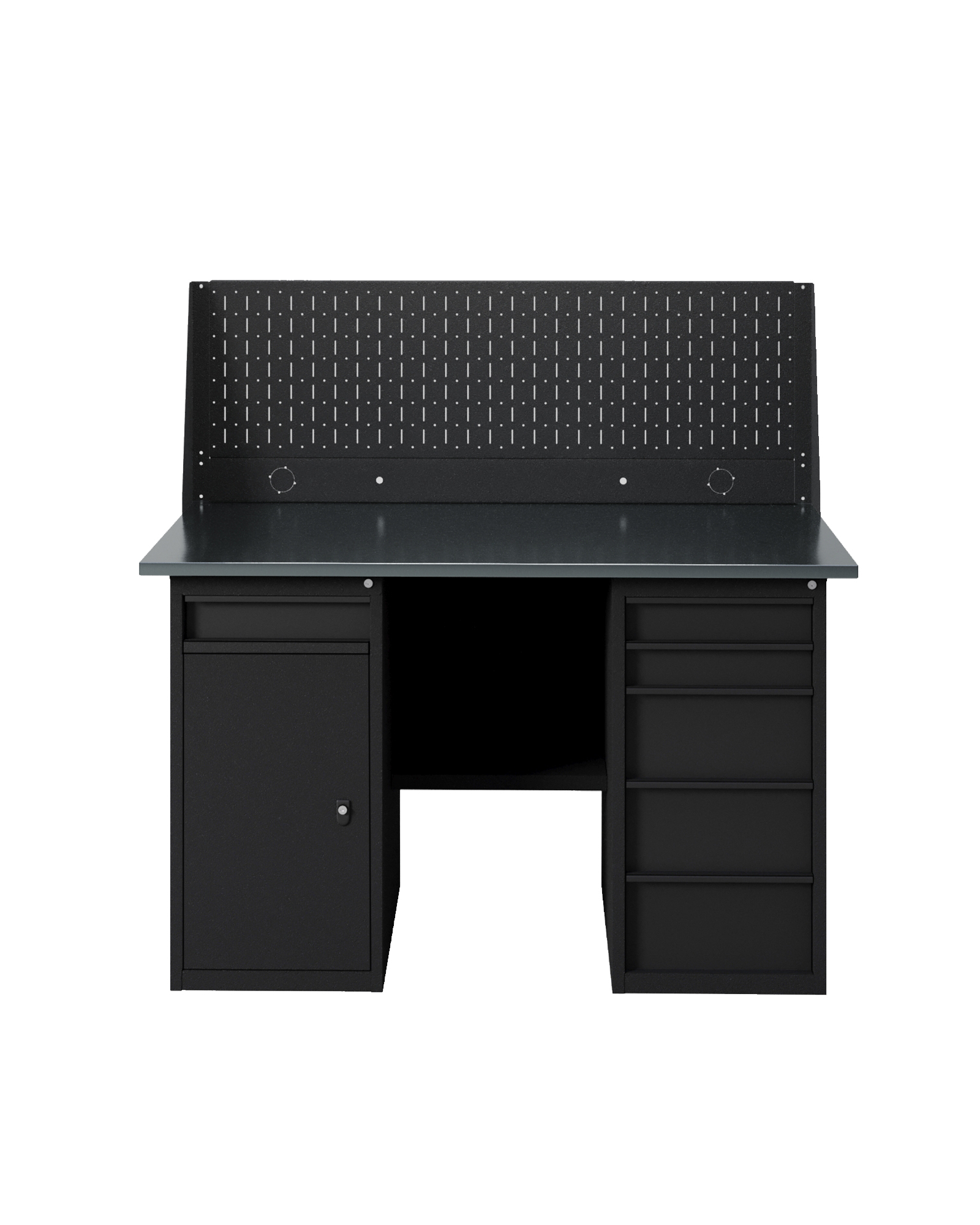 GREENBERG BLACK Верстак-стол с перфопанелью одинарной с тумбой с ящиками и тумбой/ящик 1400мм VERSTAK_BLACK_WY_Р1_1400