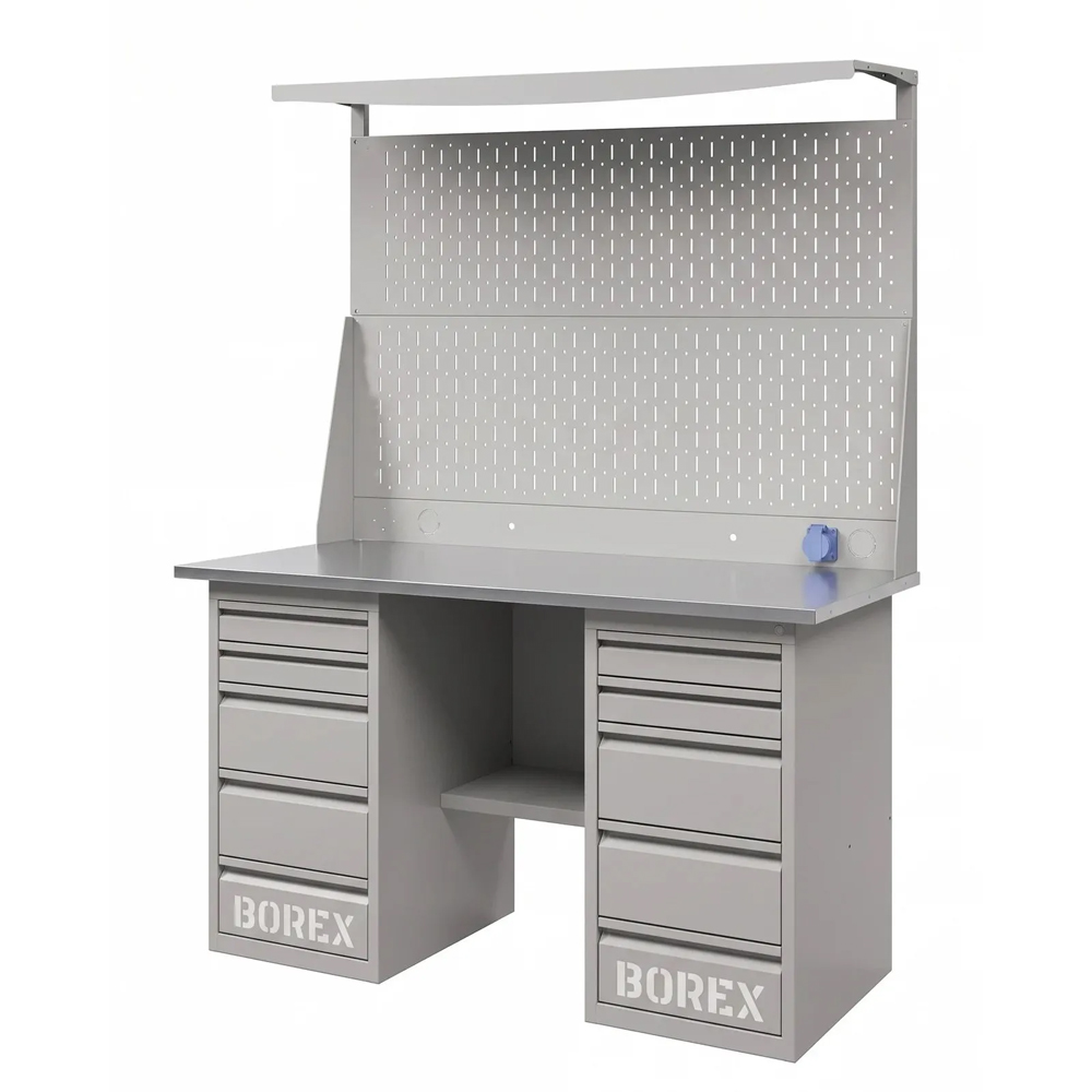 GREENBERG SILVER Верстак с перфопанелью двойной с двумя ящиками 1400мм VERSTAK_SILVER_Y2_Р2_1400