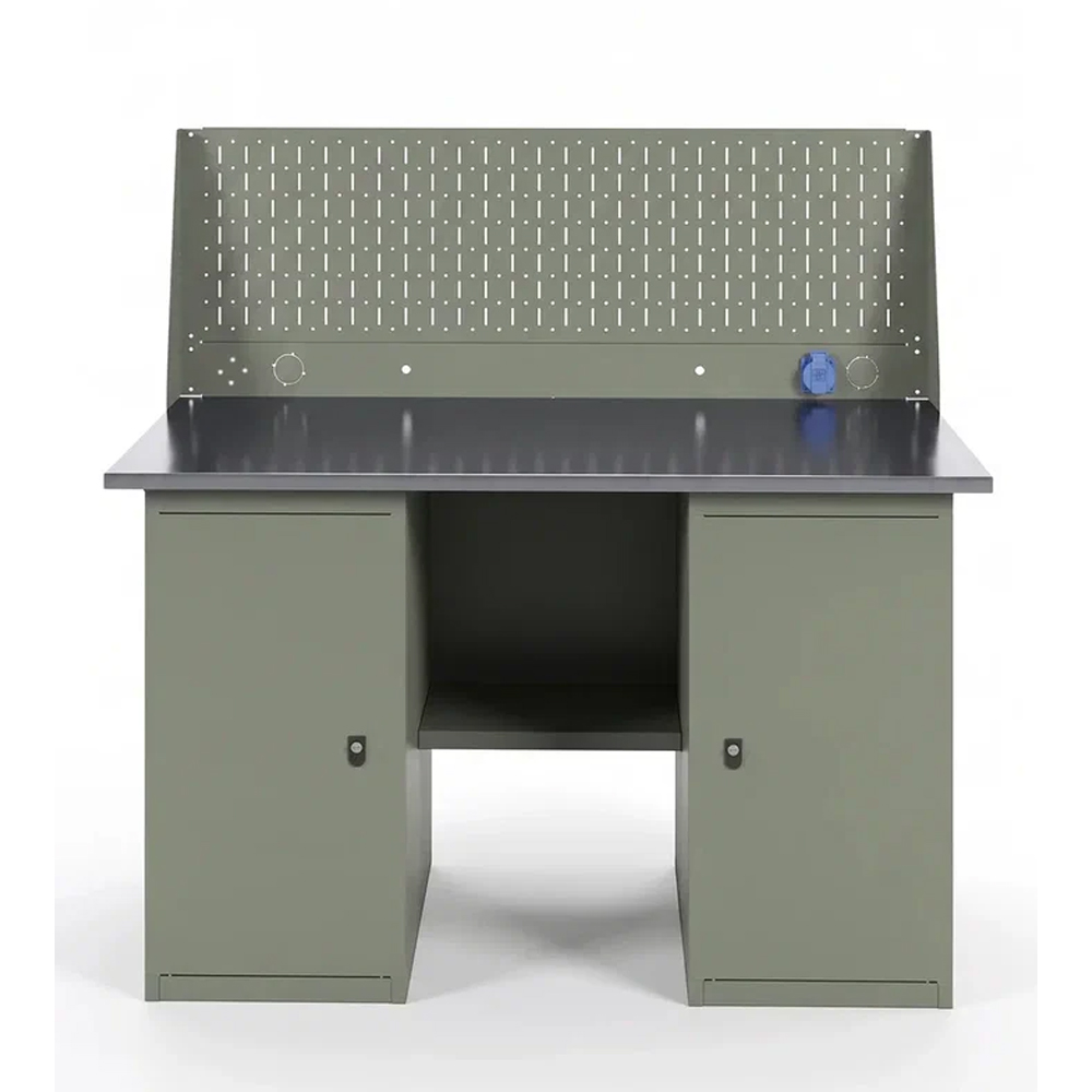 GREENBERG OLIVE Верстак с перфопанелью одинарной с двумя тумбами 1400мм VERSTAK_OLIVE_Т2_Р1_1400