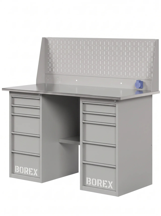 GREENBERG SILVER Верстак с перфопанелью одинарной с двумя ящиками 1400мм VERSTAK_SILVER_Y2_Р1_1400