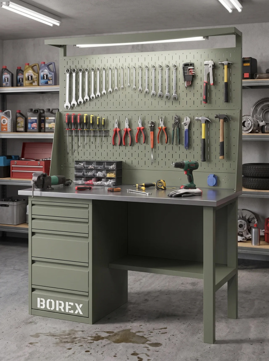 GREENBERG OLIVE Верстак с перфопанелью двойной с ящиками 1200мм VERSTAK_OLIVE_Y1_Р2_1200