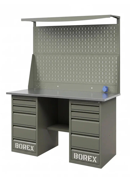 GREENBERG OLIVE Верстак с перфопанелью двойной с двумя ящиками 1400мм VERSTAK_OLIVE_Y2_Р2_1400
