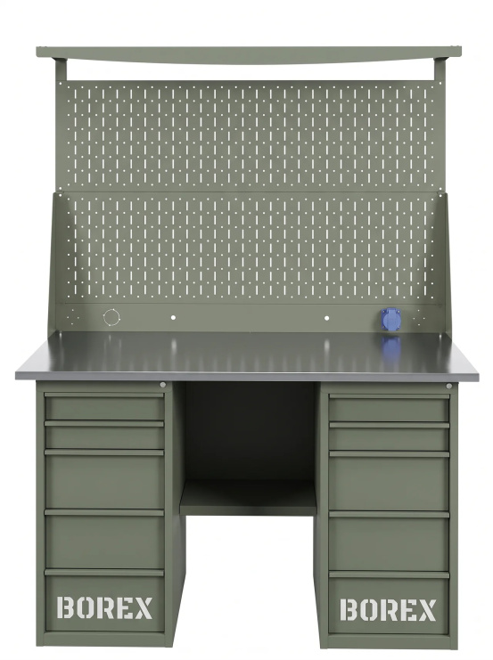 GREENBERG OLIVE Верстак с перфопанелью двойной с двумя ящиками 1400мм VERSTAK_OLIVE_Y2_Р2_1400