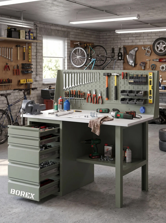 GREENBERG OLIVE Верстак с перфопанелью одинарной с ящиками 1200мм VERSTAK_OLIVE_Y1_Р1_1200