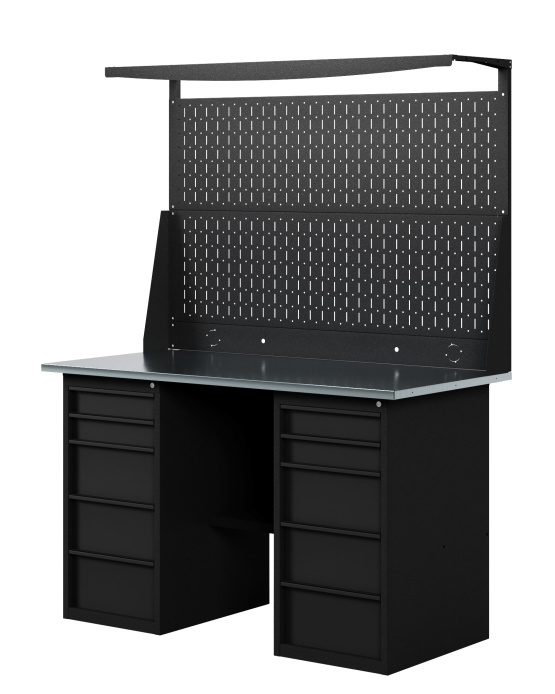 GREENBERG BLACK Верстак-стол с перфопанелью двойной с двумя ящиками 1400мм VERSTAK_BLACK_Y2_Р2_1400