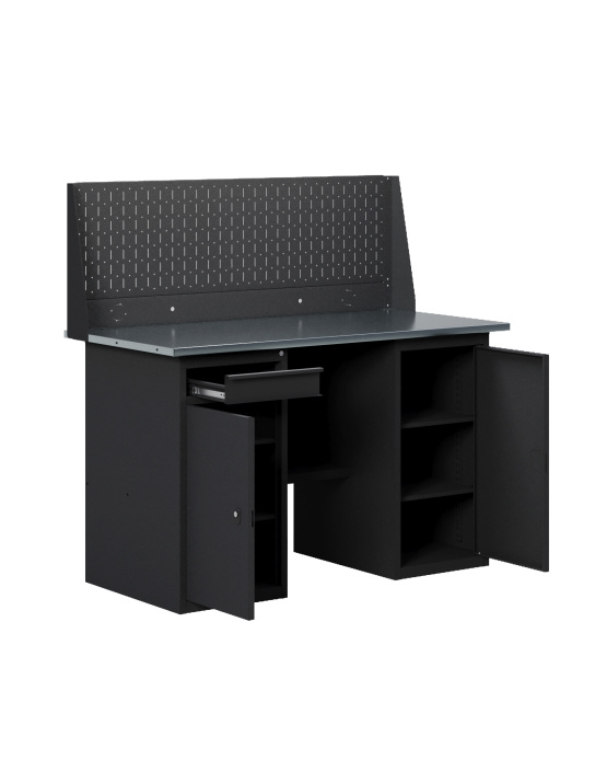 GREENBERG BLACK Верстак-стол с перфопанелью одинарной с тумбой с дверцей и тумбой/ящик 1400мм VERSTAK_BLACK_WT_Р1_1400