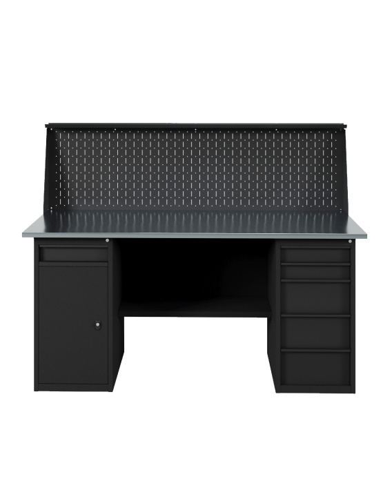 GREENBERG BLACK Верстак-стол с тумбой с ящиками и тумбой/ящик с перфопанелью 1600мм VERSTAK_BLACK_WY_P_1600