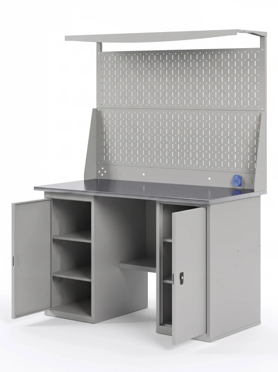 GREENBERG SILVER Верстак с перфопанелью двойной с двумя тумбами 1400мм VERSTAK_SILVER_Т2_Р2_1400