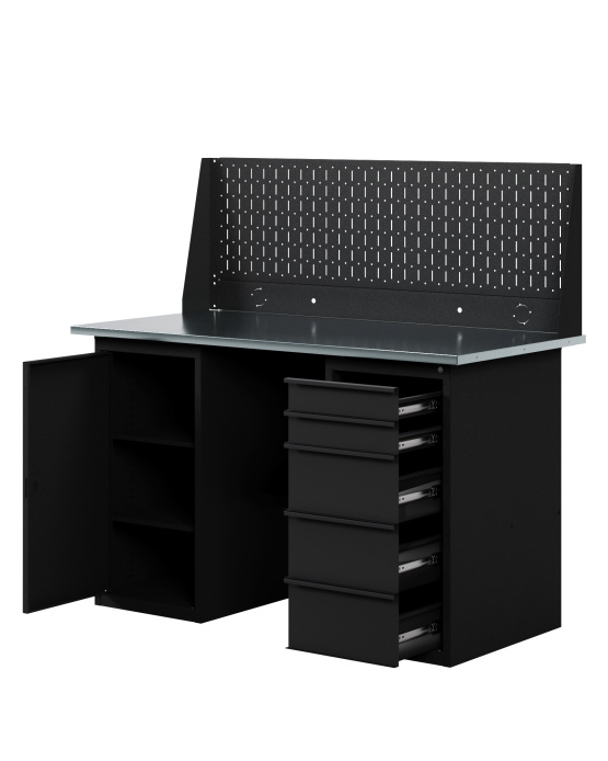 GREENBERG BLACK Верстак-стол с перфопанелью одинарной с тумбой и ящиками 1400мм VERSTAK_BLACK_ТY_Р1_1400