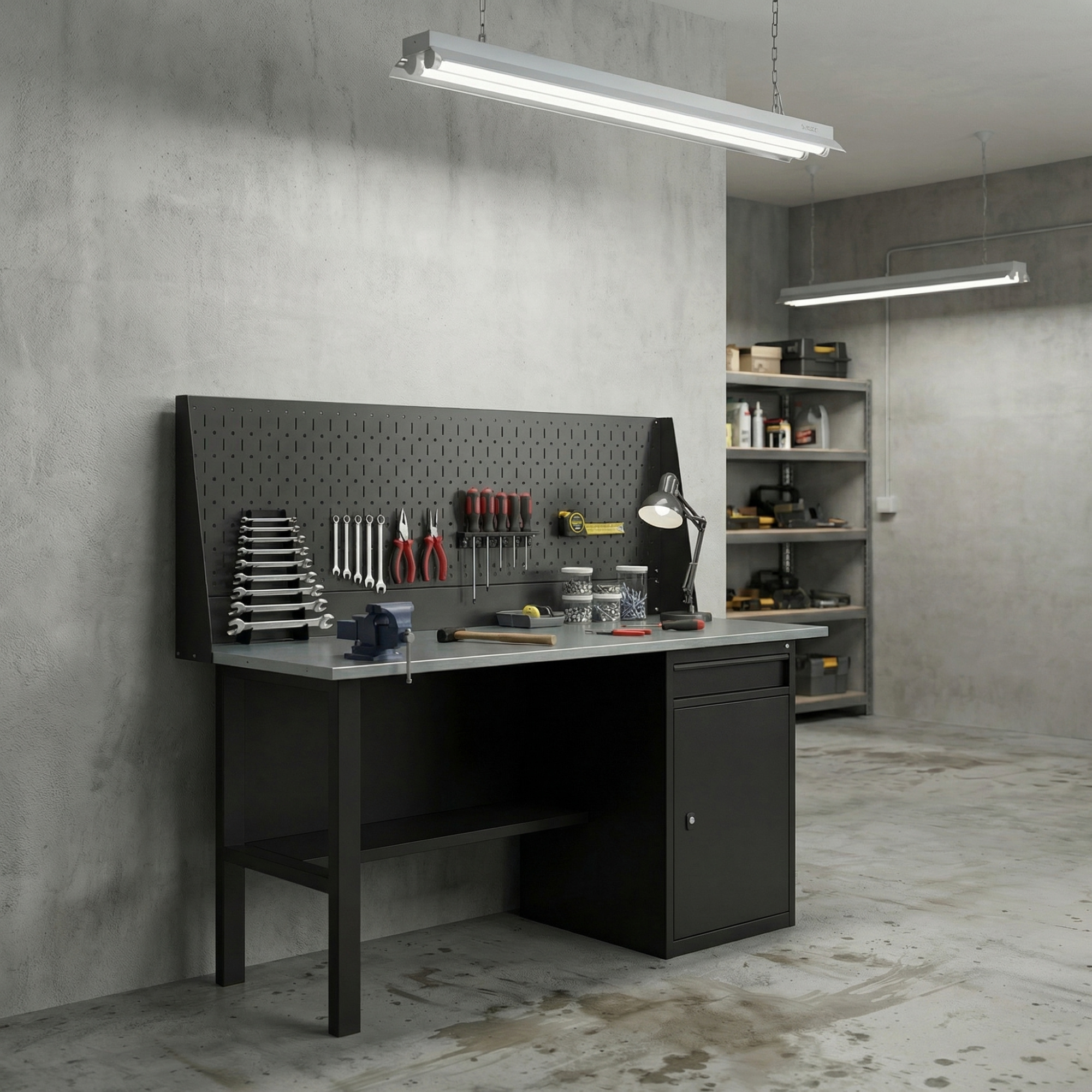 GREENBERG BLACK Верстак-стол с перфопанелью одинарной с тумбой/ящик 1200мм VERSTAK_BLACK_W1_P1_1200