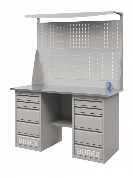 GREENBERG SILVER Верстак с перфопанелью двойной с двумя ящиками 1400мм VERSTAK_SILVER_Y2_Р2_1400