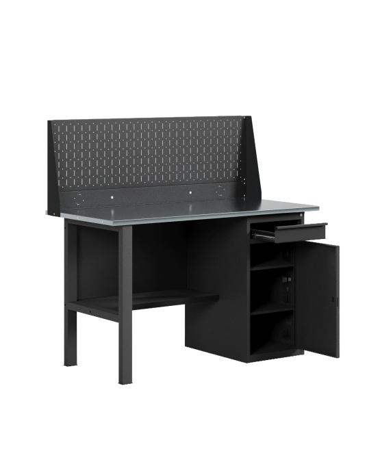 GREENBERG BLACK Верстак-стол с перфопанелью одинарной с тумбой/ящик 1200мм VERSTAK_BLACK_W1_P1_1200