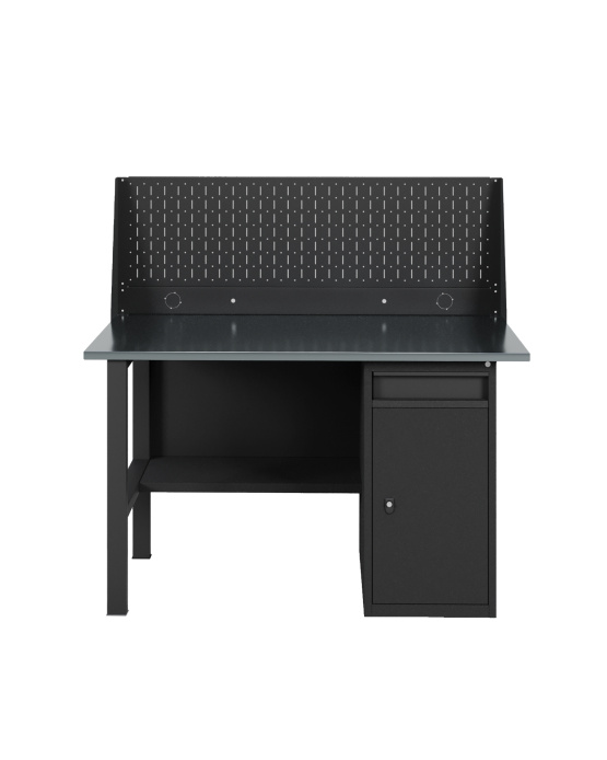 GREENBERG BLACK Верстак-стол с перфопанелью одинарной с тумбой/ящик 1200мм VERSTAK_BLACK_W1_P1_1200