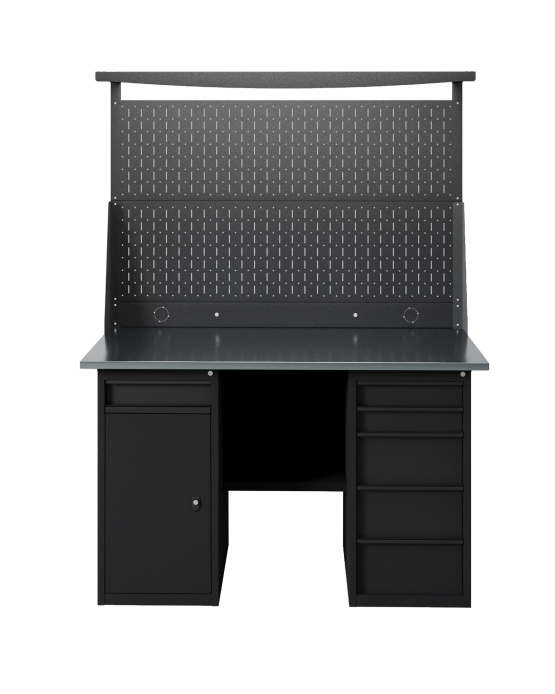 GREENBERG BLACK Верстак-стол с перфопанелью двойной  с тумбой с ящиками и тумбой/ящик 1400мм VERSTAK_BLACK_WY_Р2_1400