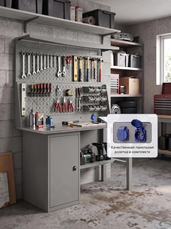 GREENBERG SILVER Верстак с перфопанелью двойной с тумбой 1200мм VERSTAK_SILVER_Т1_P2_1200