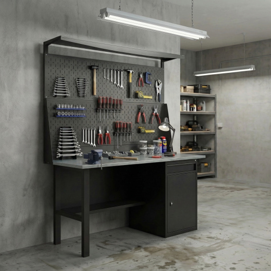 GREENBERG BLACK Верстак-стол с перфопанелью двойной с тумбой/ящик 1400мм VERSTAK_BLACK_W1_ P2_1400