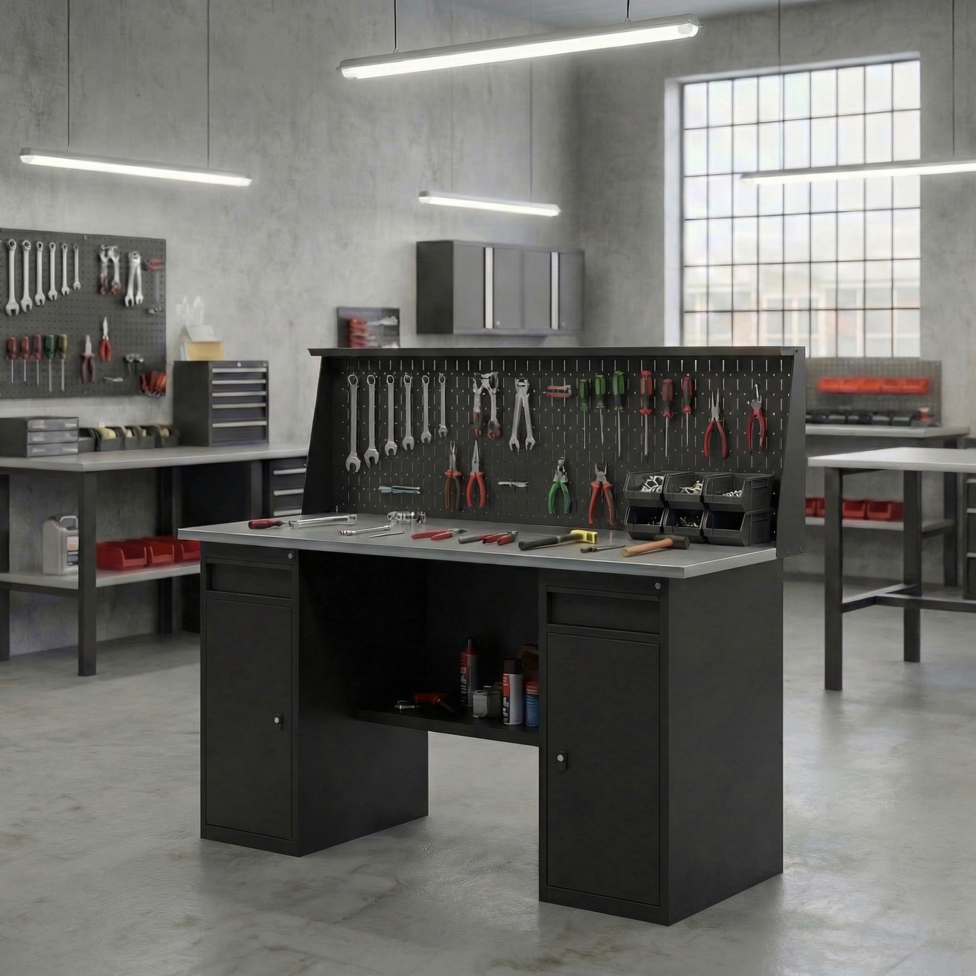 GREENBERG BLACK Верстак-стол с двумя тумбами/ящик с перфопанелью 1600мм VERSTAK_BLACK_W2_P_1600