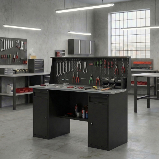GREENBERG BLACK Верстак-стол с двумя тумбами/ящик с перфопанелью 1600мм VERSTAK_BLACK_W2_P_1600