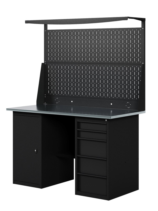 GREENBERG BLACK Верстак-стол с перфопанелью двойной с тумбой и ящиками 1400мм VERSTAK_BLACK_ТY_Р2_1400