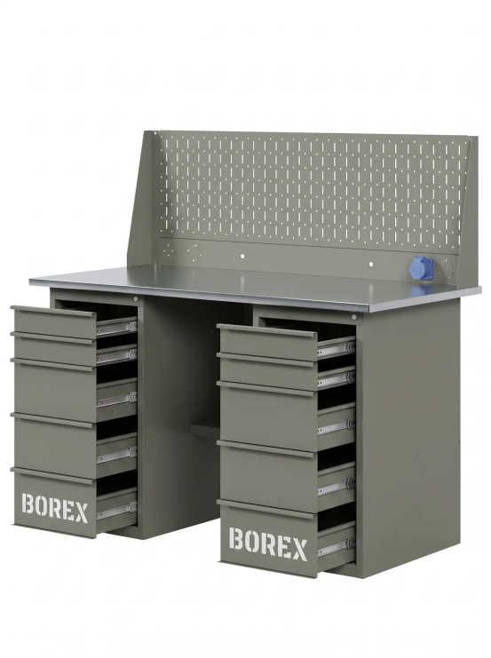 GREENBERG OLIVE Верстак с перфопанелью одинарной с двумя ящиками 1400мм VERSTAK_OLIVE_Y2_Р1_1400