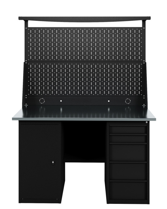 GREENBERG BLACK Верстак-стол с перфопанелью двойной с тумбой и ящиками 1400мм VERSTAK_BLACK_ТY_Р2_1400