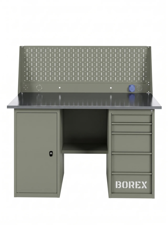 GREENBERG OLIVE Верстак с перфопанелью одинарной с тумбой и ящиками 1400мм VERSTAK_OLIVE_ТY_Р1_1400