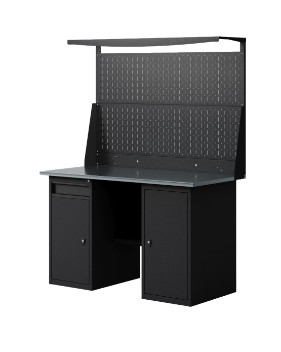 GREENBERG BLACK Верстак-стол с перфопанелью двойной  с тумбой с дверцей и тумбой/ящик 1400мм VERSTAK_BLACK_WT_Р2_1400