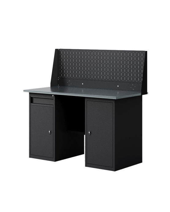 GREENBERG BLACK Верстак-стол с перфопанелью одинарной с тумбой с дверцей и тумбой/ящик 1400мм VERSTAK_BLACK_WT_Р1_1400