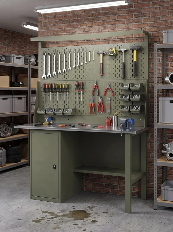GREENBERG OLIVE Верстак с перфопанелью двойной с тумбой 1200мм VERSTAK_OLIVE_Т1_P2_1200