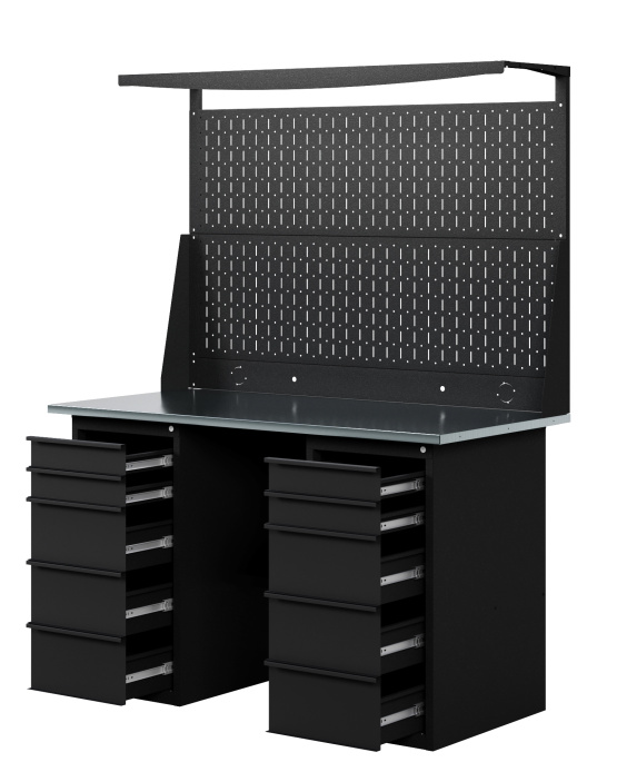 GREENBERG BLACK Верстак-стол с перфопанелью двойной с двумя ящиками 1400мм VERSTAK_BLACK_Y2_Р2_1400