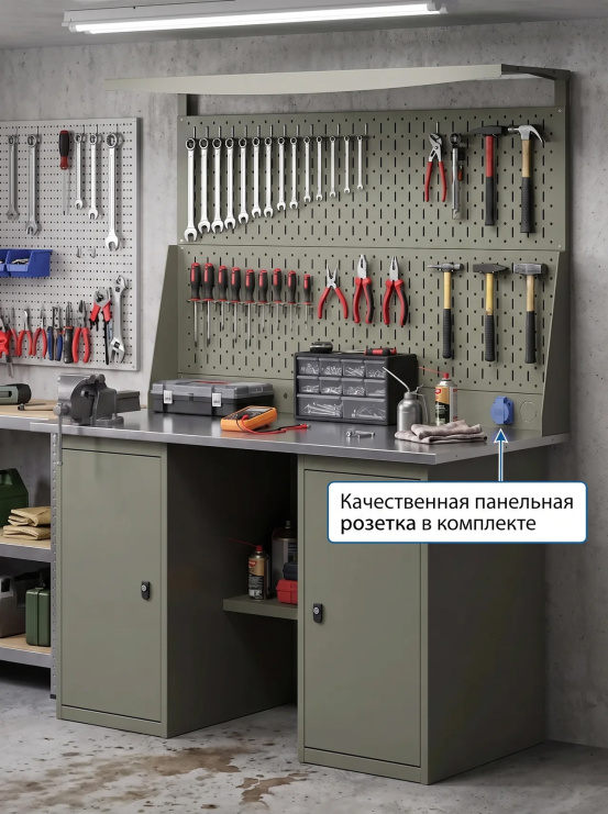 GREENBERG OLIVE Верстак с перфопанелью двойной с двумя тумбами 1400мм VERSTAK_OLIVE_Т2_Р2_1400