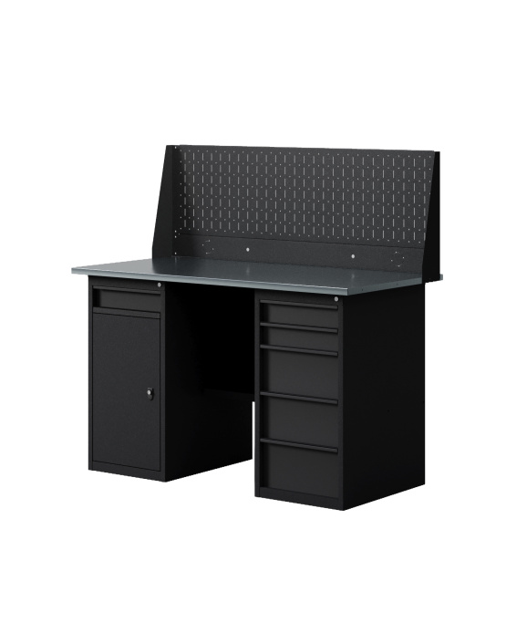 GREENBERG BLACK Верстак-стол с перфопанелью одинарной с тумбой с ящиками и тумбой/ящик 1400мм VERSTAK_BLACK_WY_Р1_1400
