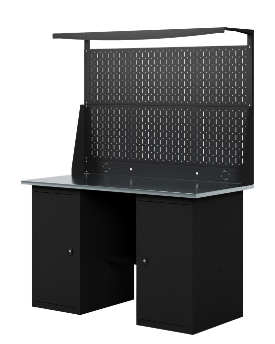 GREENBERG BLACK Верстак-стол с перфопанелью двойной с двумя тумбами 1400мм VERSTAK_BLACK_Т2_Р2_1400