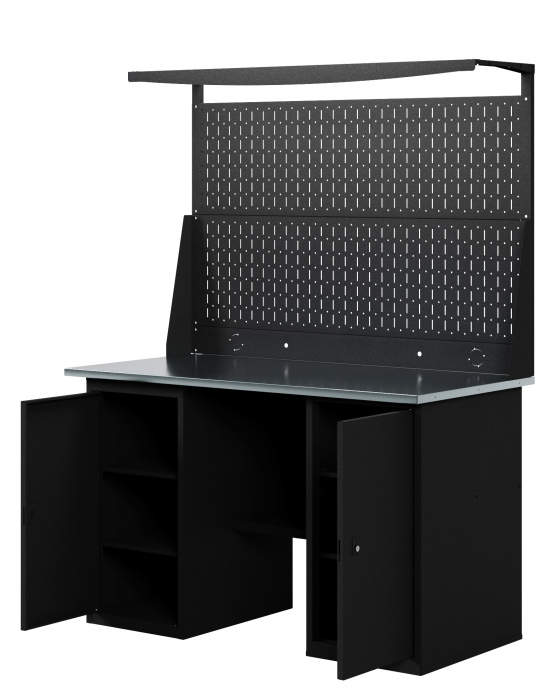 GREENBERG BLACK Верстак-стол с перфопанелью двойной с двумя тумбами 1400мм VERSTAK_BLACK_Т2_Р2_1400