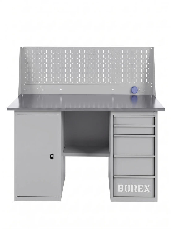 GREENBERG SILVER Верстак с перфопанелью одинарной с тумбой и ящиками 1400мм VERSTAK_SILVER_ТY_Р1_1400