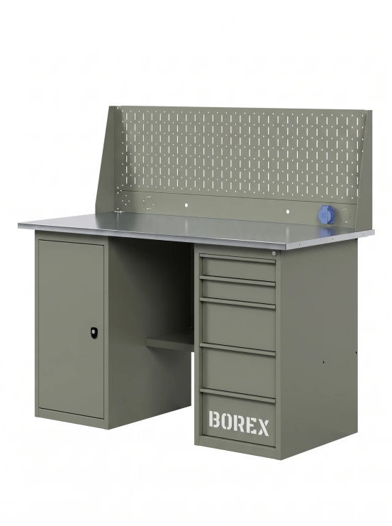 GREENBERG OLIVE Верстак с перфопанелью одинарной с тумбой и ящиками 1400мм VERSTAK_OLIVE_ТY_Р1_1400